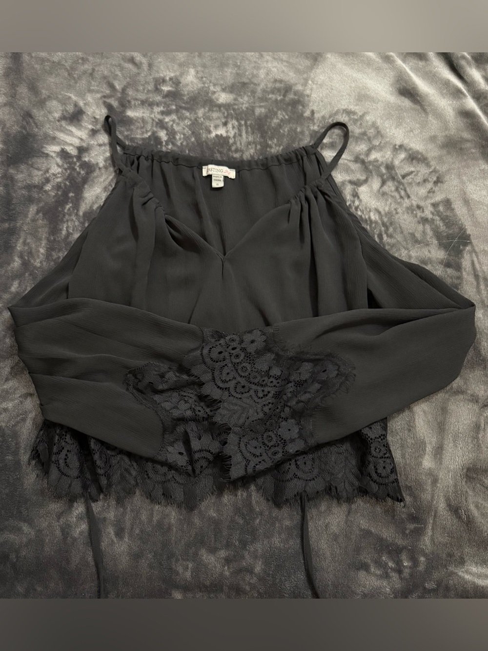 Flowy Black Lace-Trim Chemise with Delicate Spaghetti Straps